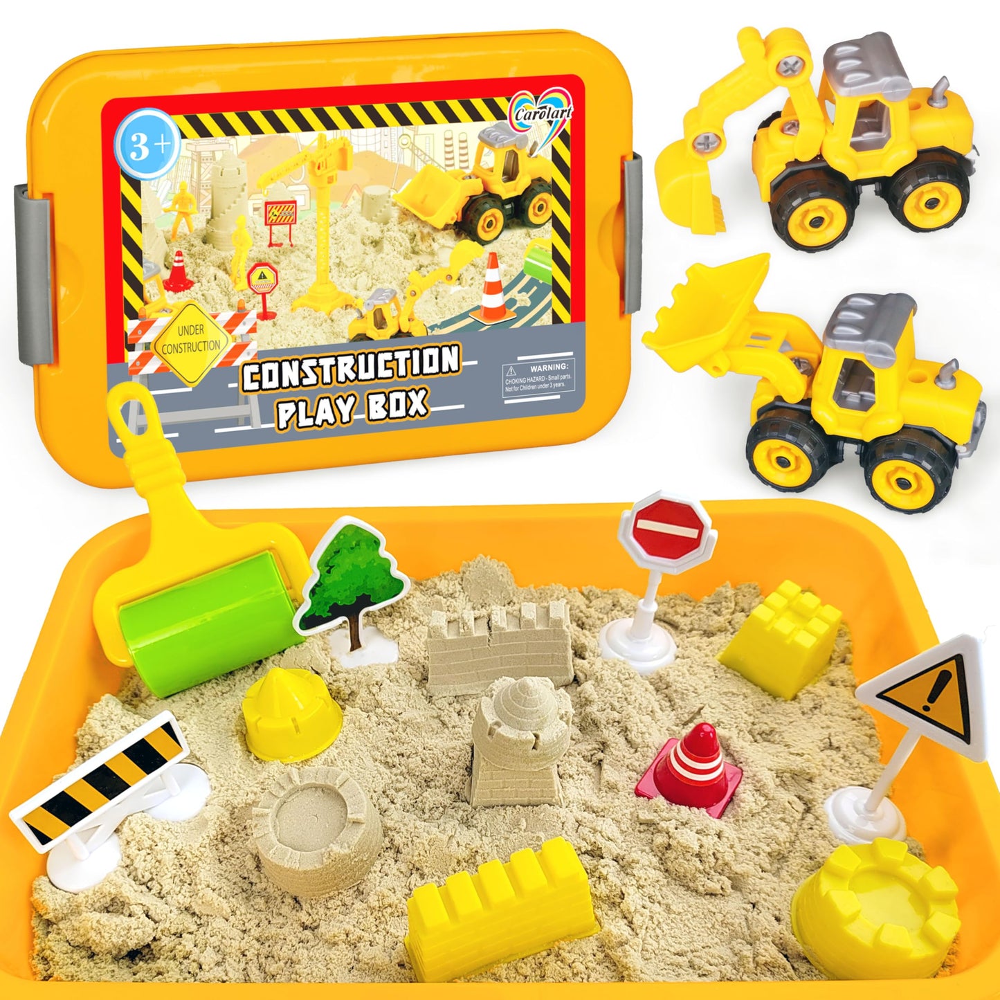 Carolart Construction Sensory Bin — Tractor Sand Playset with Truck, Signs & Sand Art Kit