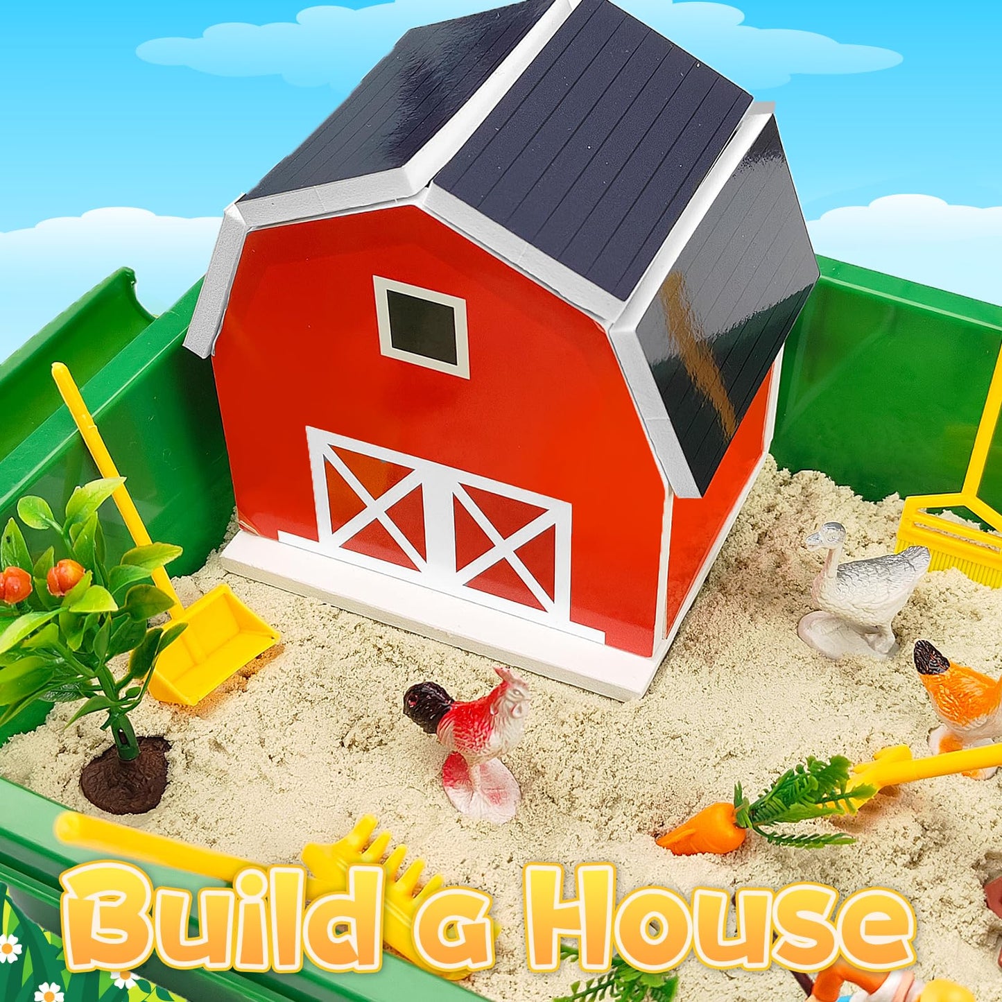 Carolart Farm Sensory Bin: Farm Animals Sand Kit with Barn & Tractor