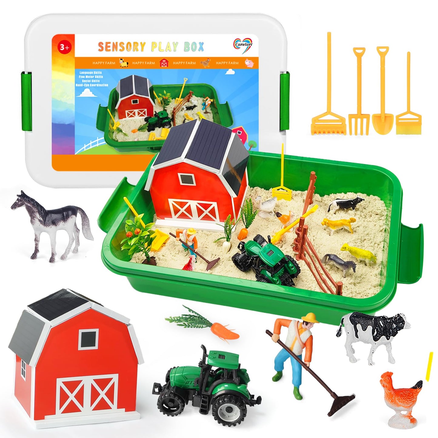 Carolart Farm Sensory Bin: Farm Animals Sand Kit with Barn & Tractor