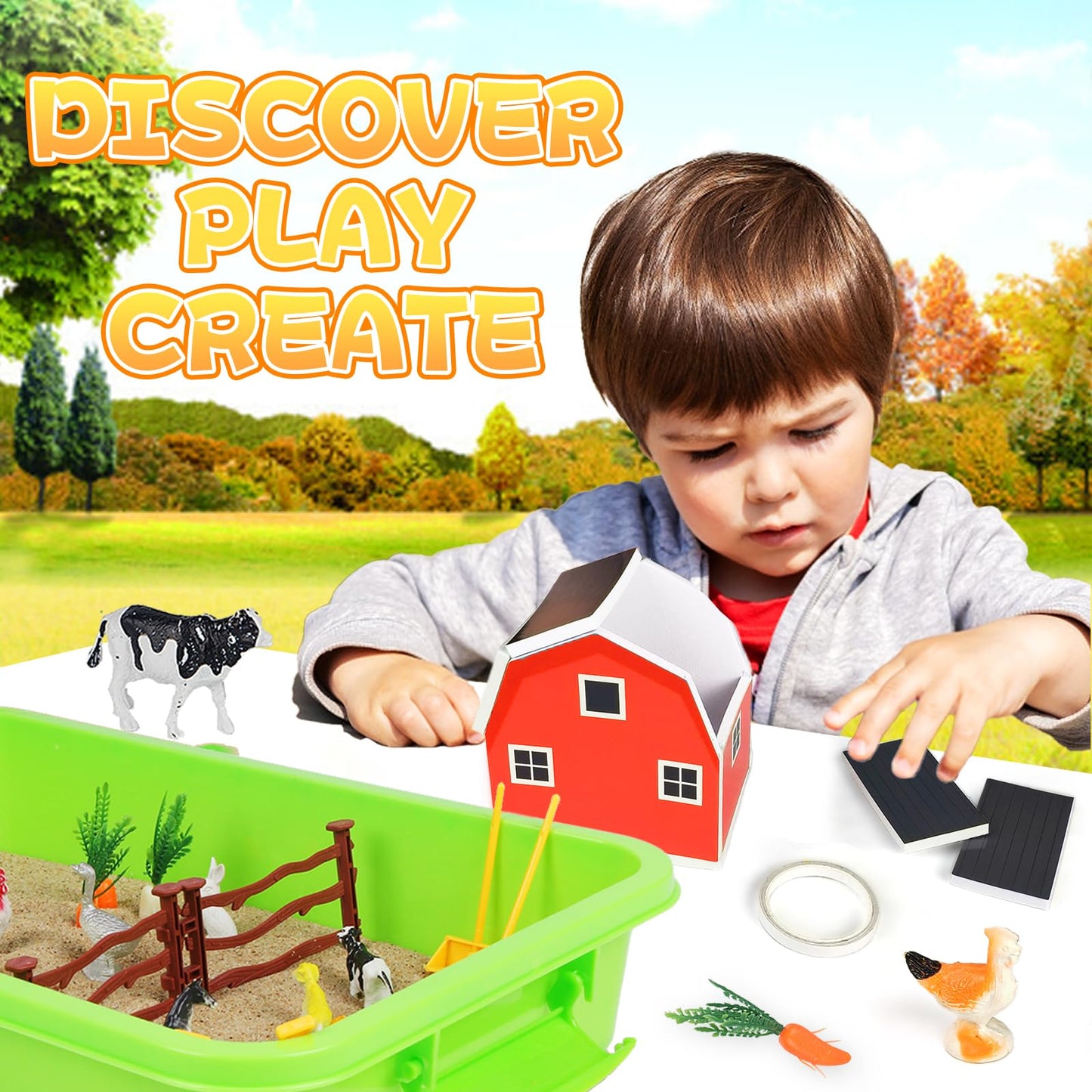Carolart Farm Sensory Bin: Farm Animals Sand Kit with Barn & Tractor