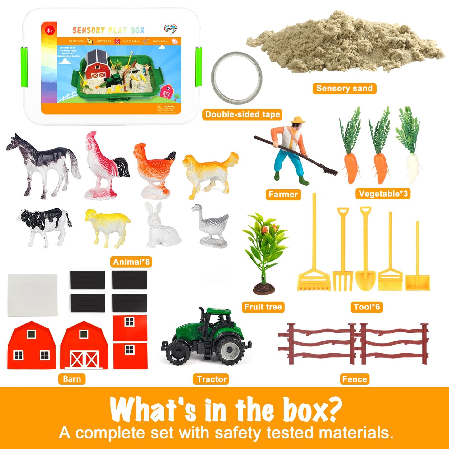 Carolart Farm Sensory Bin: Farm Animals Sand Kit with Barn & Tractor