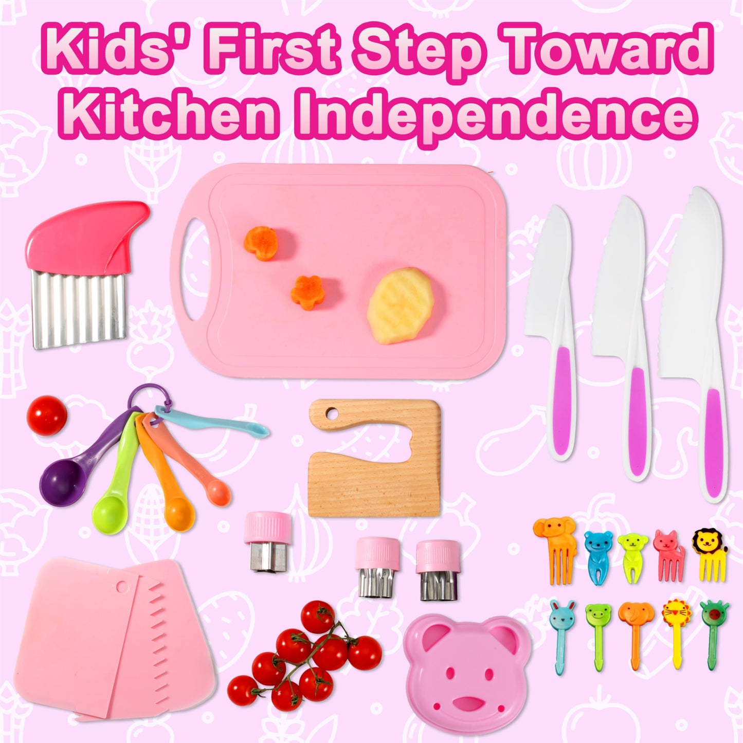 Carolart 29-Piece Kids Kitchen Tools Set for Real Cooking – Safe Toddler Knife Collection