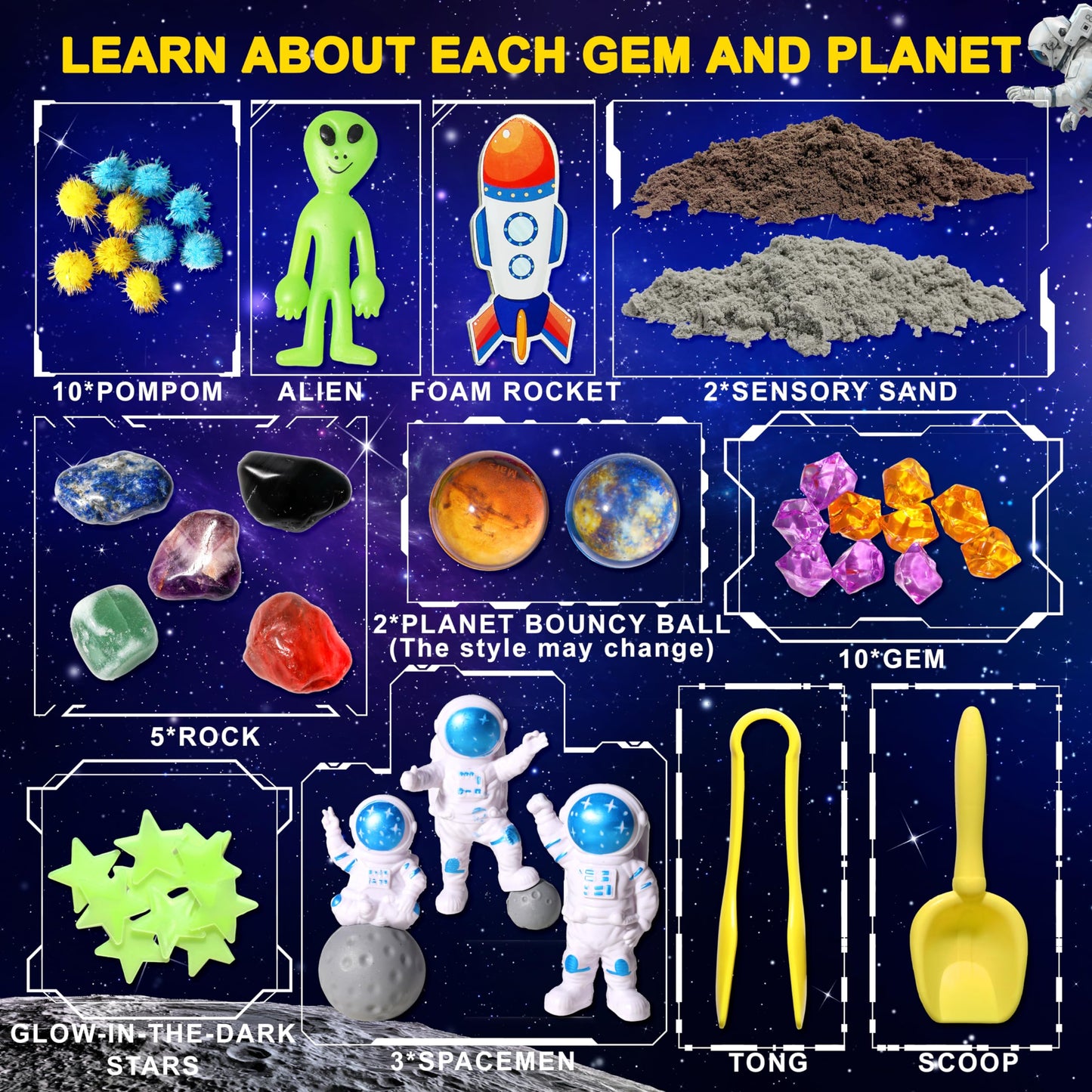 Carolart Galaxy Sensory Bin & Gemstone Dig Kit – 5 Real Gemstones, Space STEM Toy for Kids 3–6