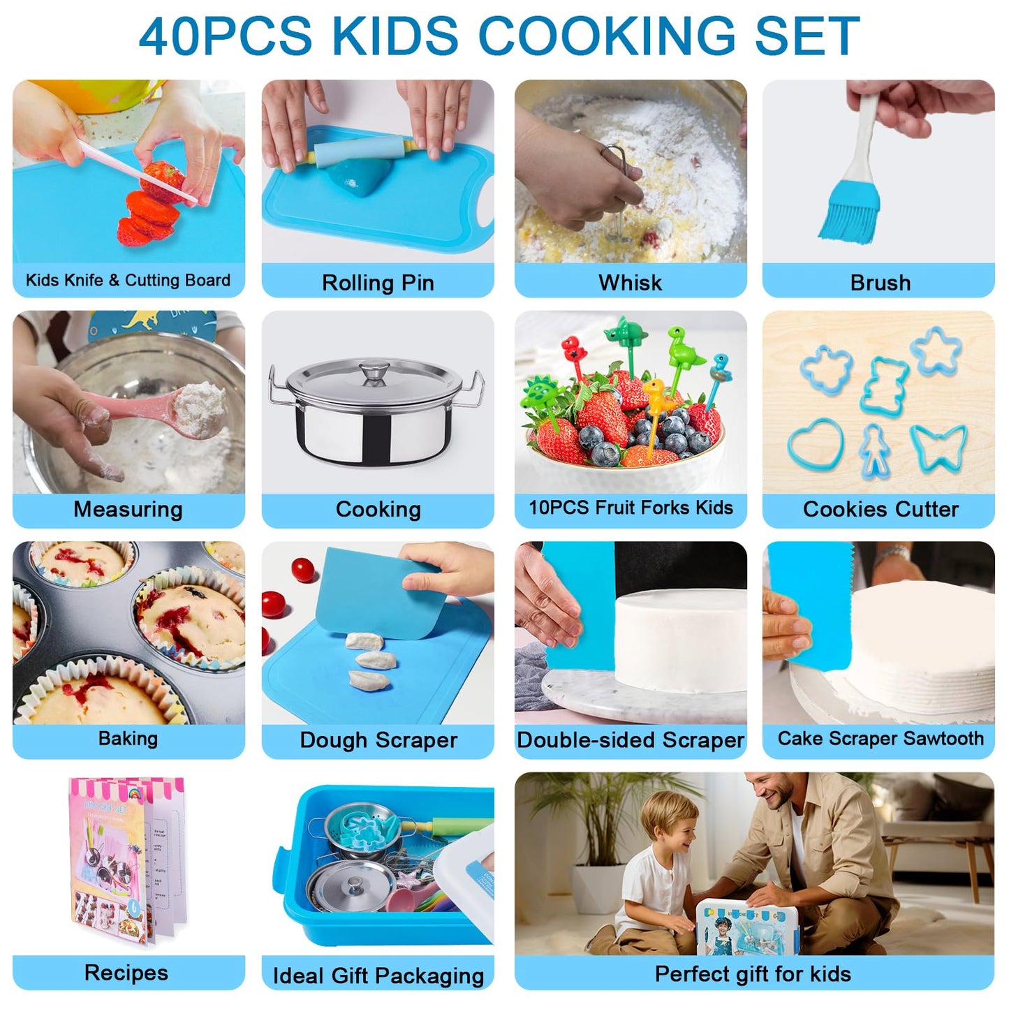 Carolart 42-Piece Kids Cooking Set | Real Knife, Pots & Pans, Apron & Chef Hat
