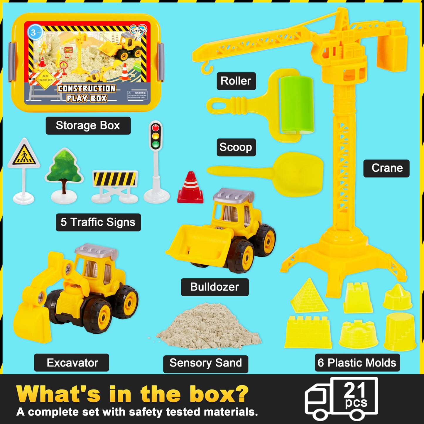 Carolart Construction Sensory Bin — Tractor Sand Playset with Truck, Signs & Sand Art Kit
