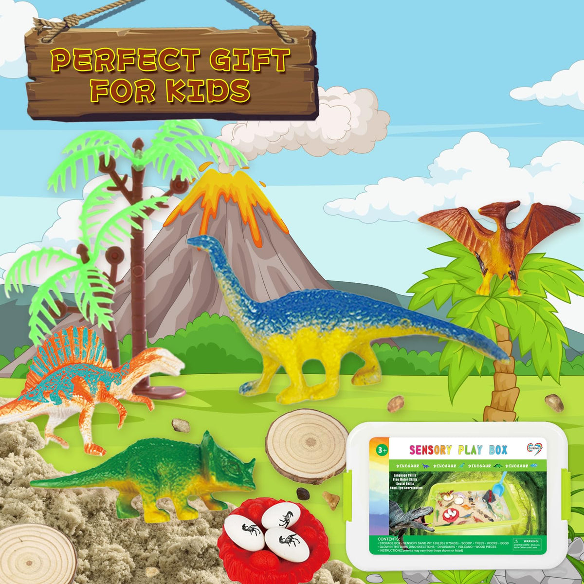 Carolart Dinosaur Sensory Bin — Glow-in-the-Dark Dinosaurs, Easy Storage Toddler Toy Set