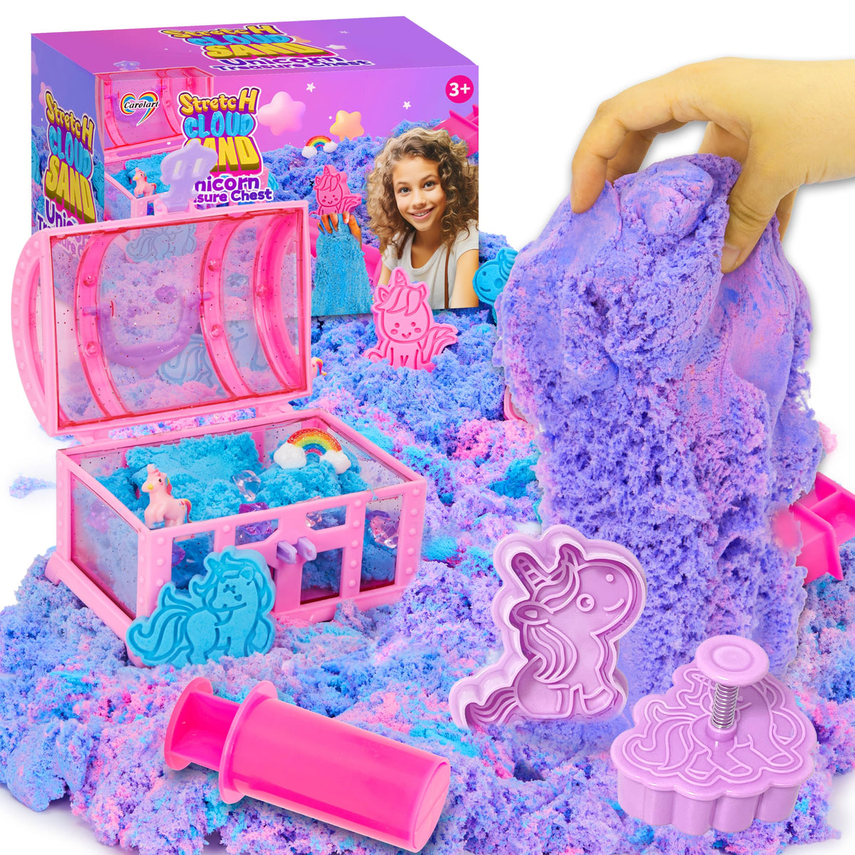 Carolart Unicorn Stretchy Cloud Sand – Blue & Pink Sensory Treasure Chest Kit