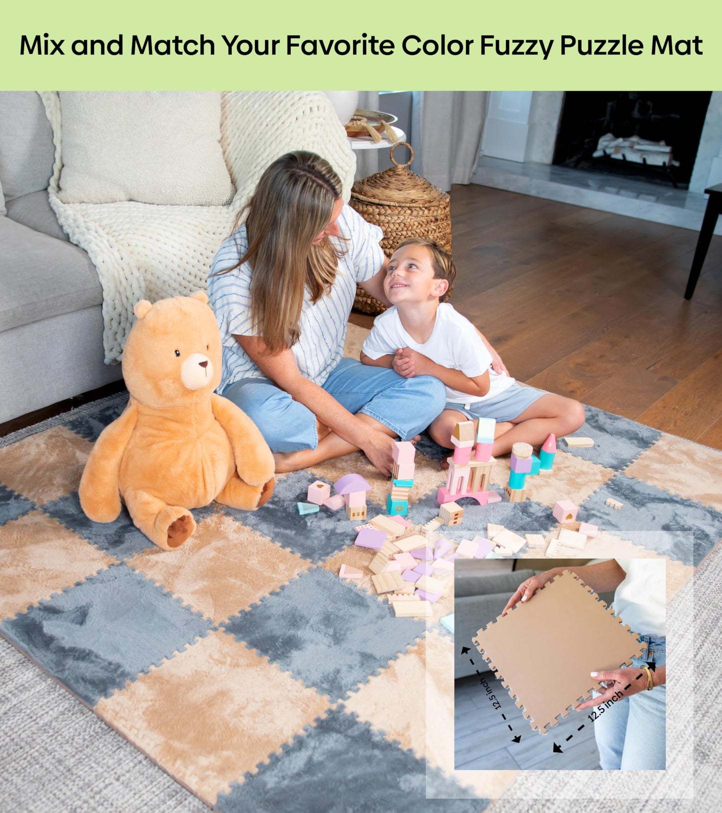 CARPETBOX 16 Piece Carpet Squares Puzzle Mat – 49 by 49 inch Plush Interlocking Foam Floor Tiles for Baby Play, Grey