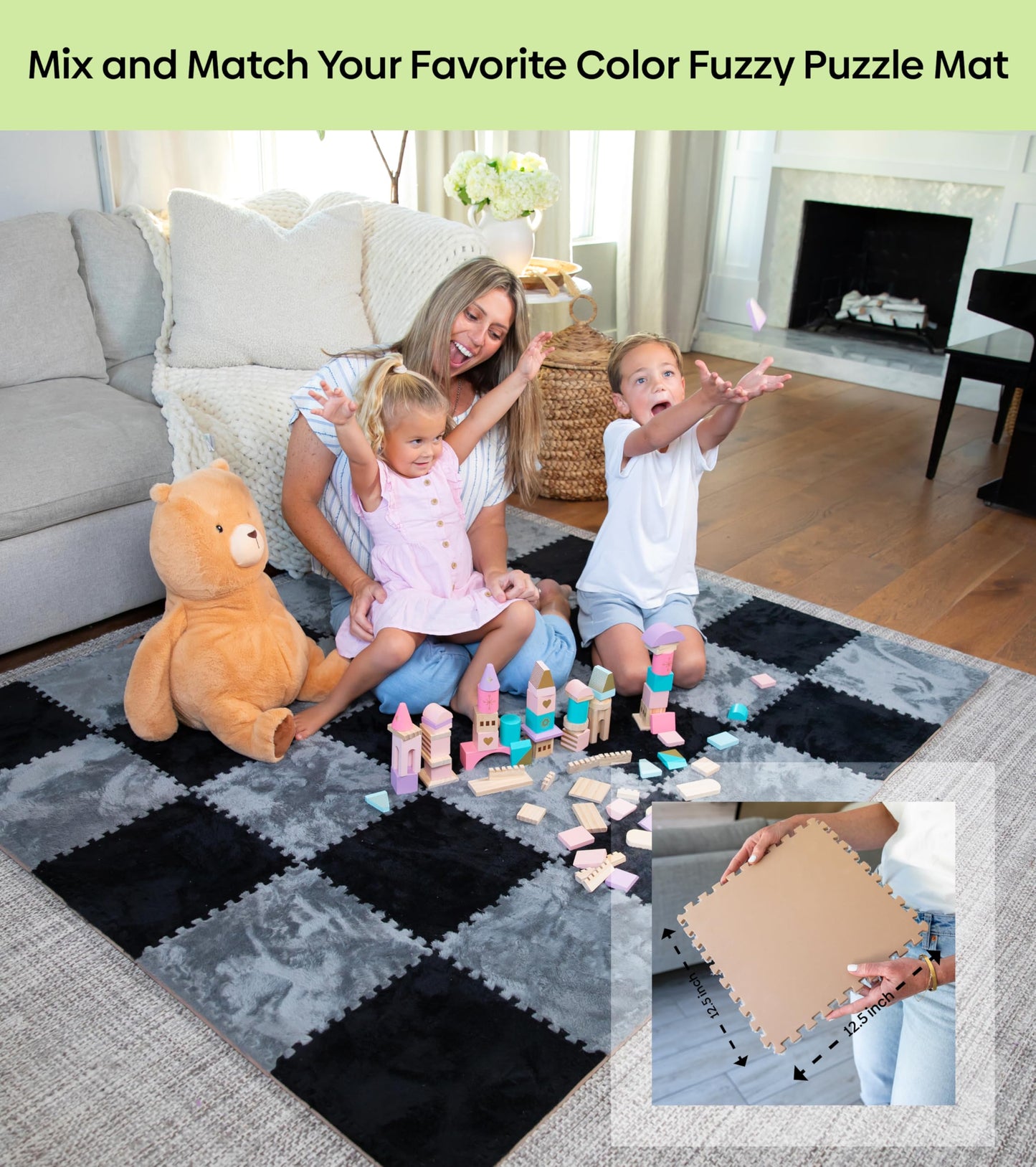 CARPETBOX 16 Piece Carpet Squares Puzzle Mat – 49 by 49 inch Plush Interlocking Foam Floor Tiles for Baby Play, Grey