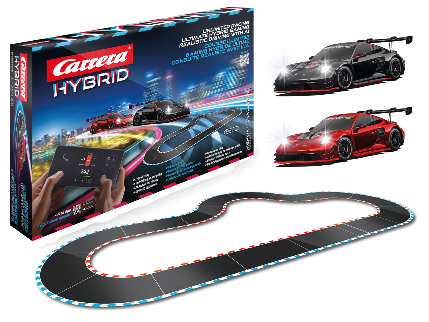 Carrera Hybrid Highway Challenge – Porsche 911 GT3 R 1:50, AI Support & Smartphone App Control