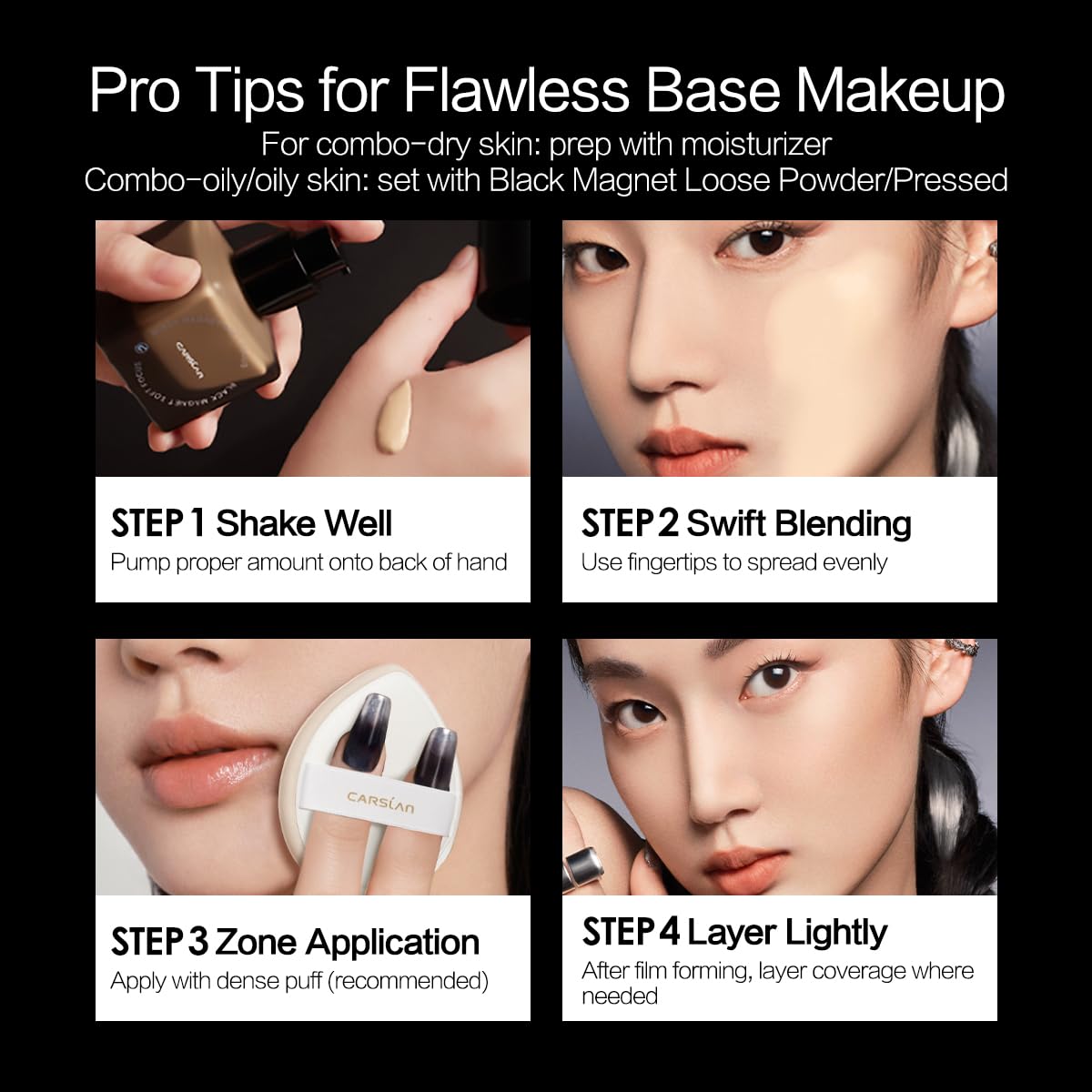 CARSLAN Black Magnet Liquid Foundation – 24H Matte Finish, Waterproof, Buildable Coverage | W01 Warm Beige | 30ml