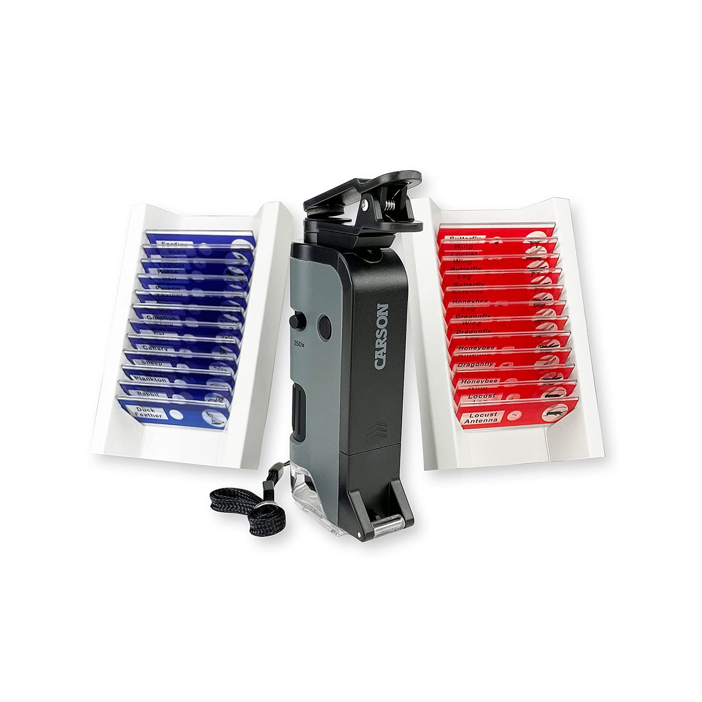 Carson MicroFlip 100x-250x Pocket Microscope Bundle with CarsonCam App & 24 Prepared Slides