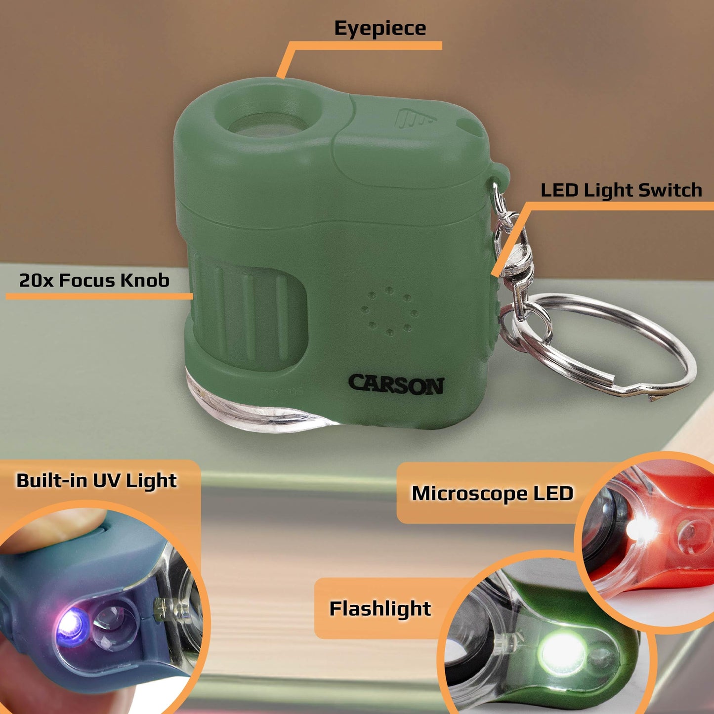 Carson MicroMini 20x LED Pocket Microscope with UV & LED – Green MM-280G