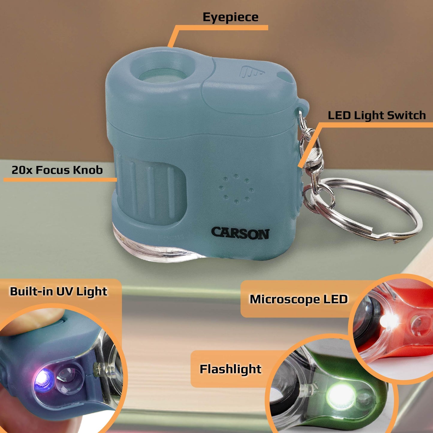 Carson MicroMini 20x Pocket Microscope with UV & LED Flashlight – Blue (MM-280B)