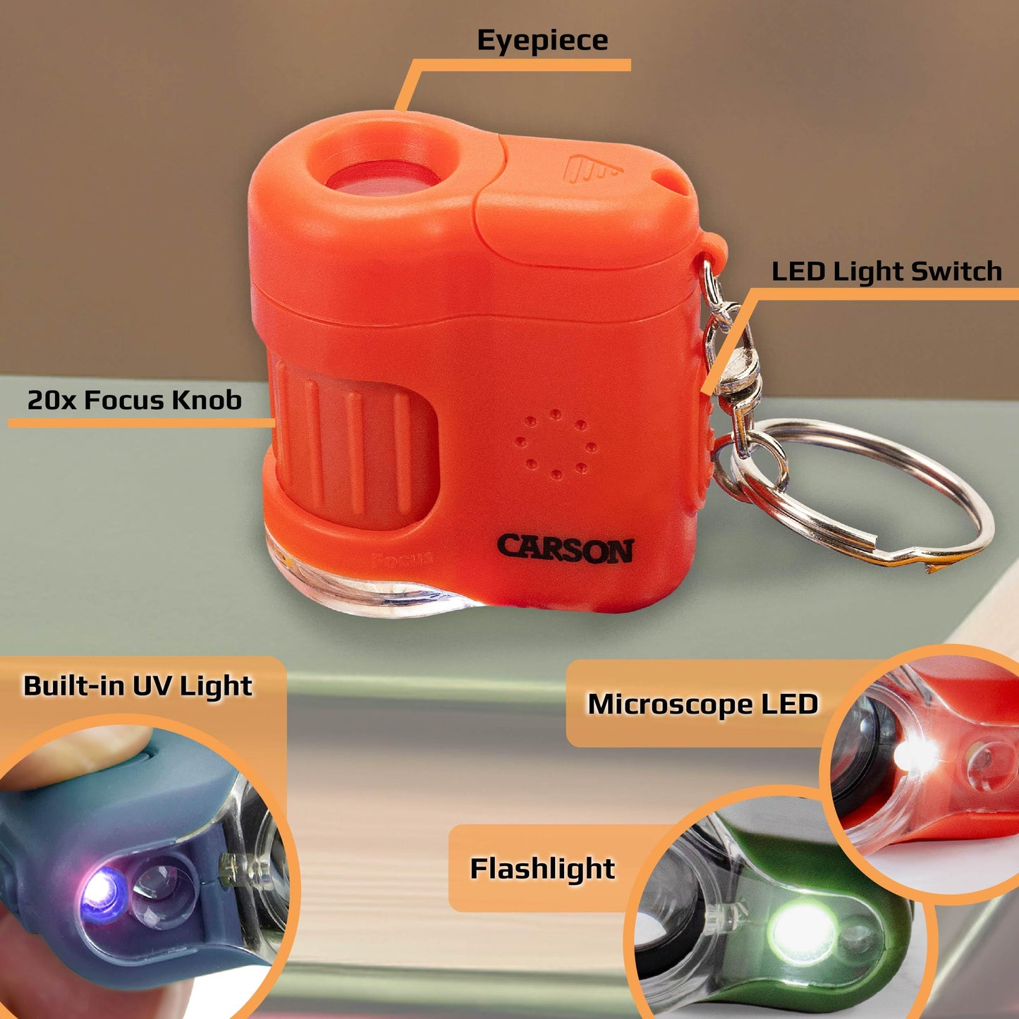Carson MicroMini 20x Lighted Pocket Microscope with UV & LED – Orange MM-280O