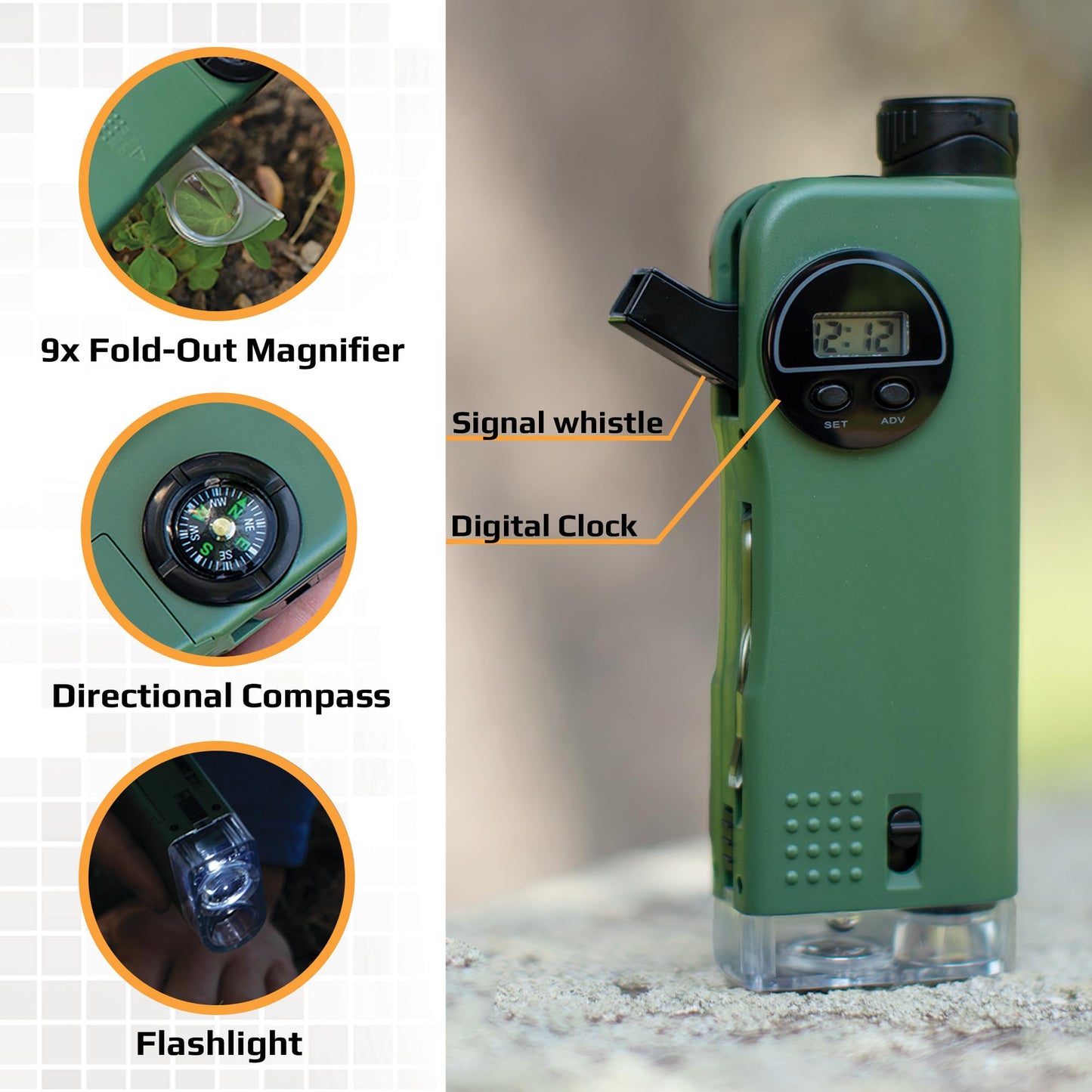 Carson X-Scope Kids 7-Function Optical Pocket Tool | 30x Microscope, 8x Telescope & More