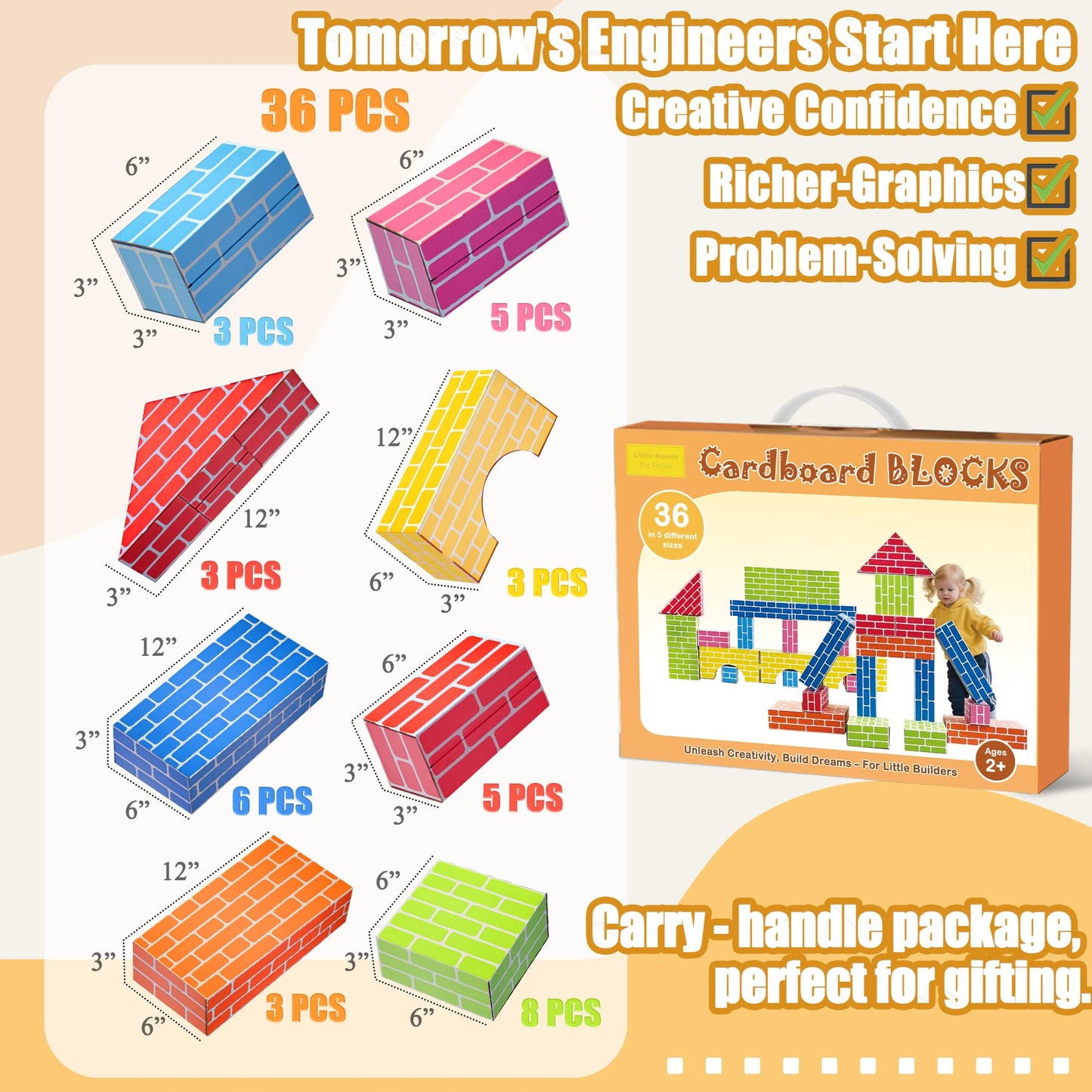 Cartboatoy 36pc Cardboard Building Blocks for Kids – Jumbo Heavy-Duty Set