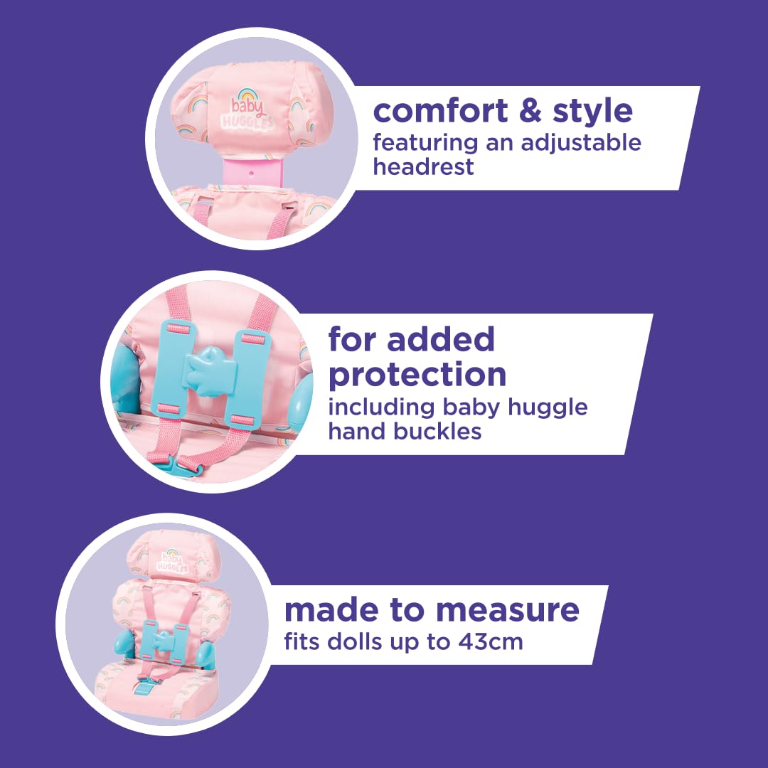 Casdon Baby Huggles Pink Booster Seat for Dolls – Adjustable Headrest & Buckles | Fits Dolls Up to 14 Inches | 3+