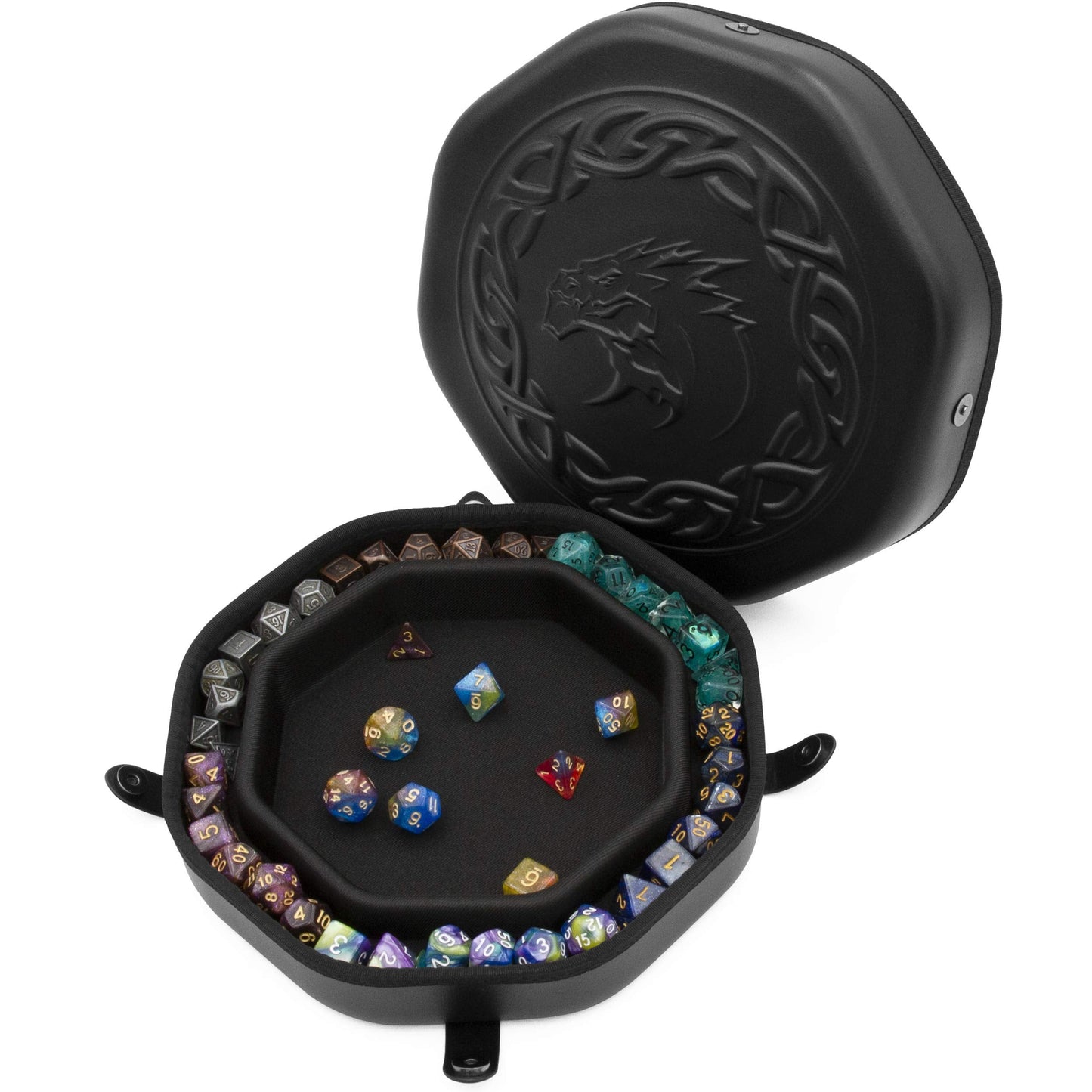 CASEMATIX Dice Tray & Storage Case — Holds 115 RPG Dice, Magnetic Snap Lid, Dragon Embossed