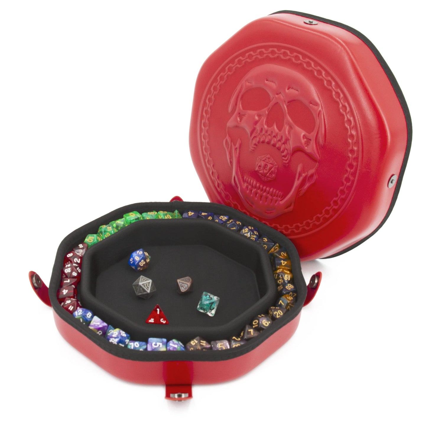 CASEMATIX Dice Tray & Travel Case — Holds 115 Dice, Magnetic Snaps, Skull Embossed