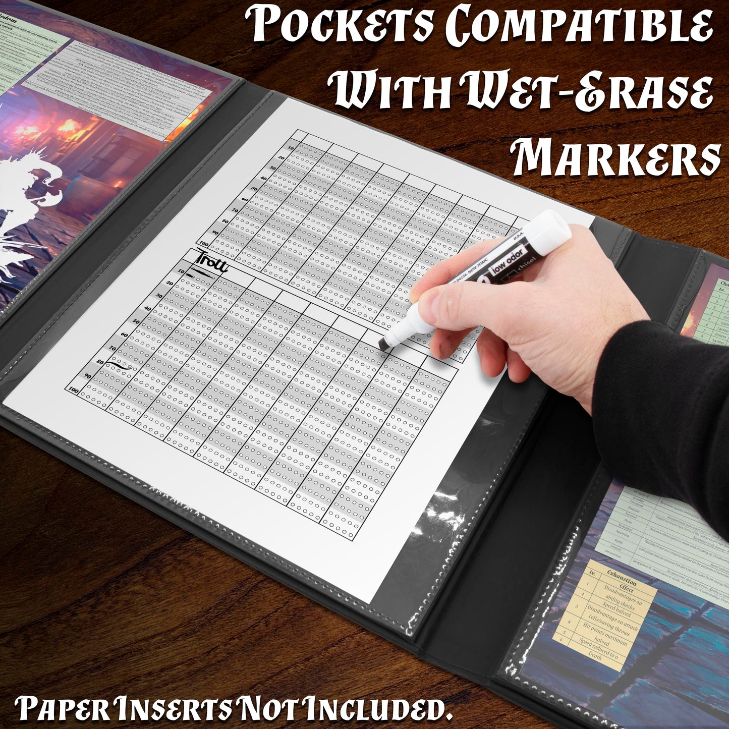 CASEMATIX DM Screen – Faux Leather Embossed Four-Panel Folding Dungeon Master Screen with Wet-Erase Pockets