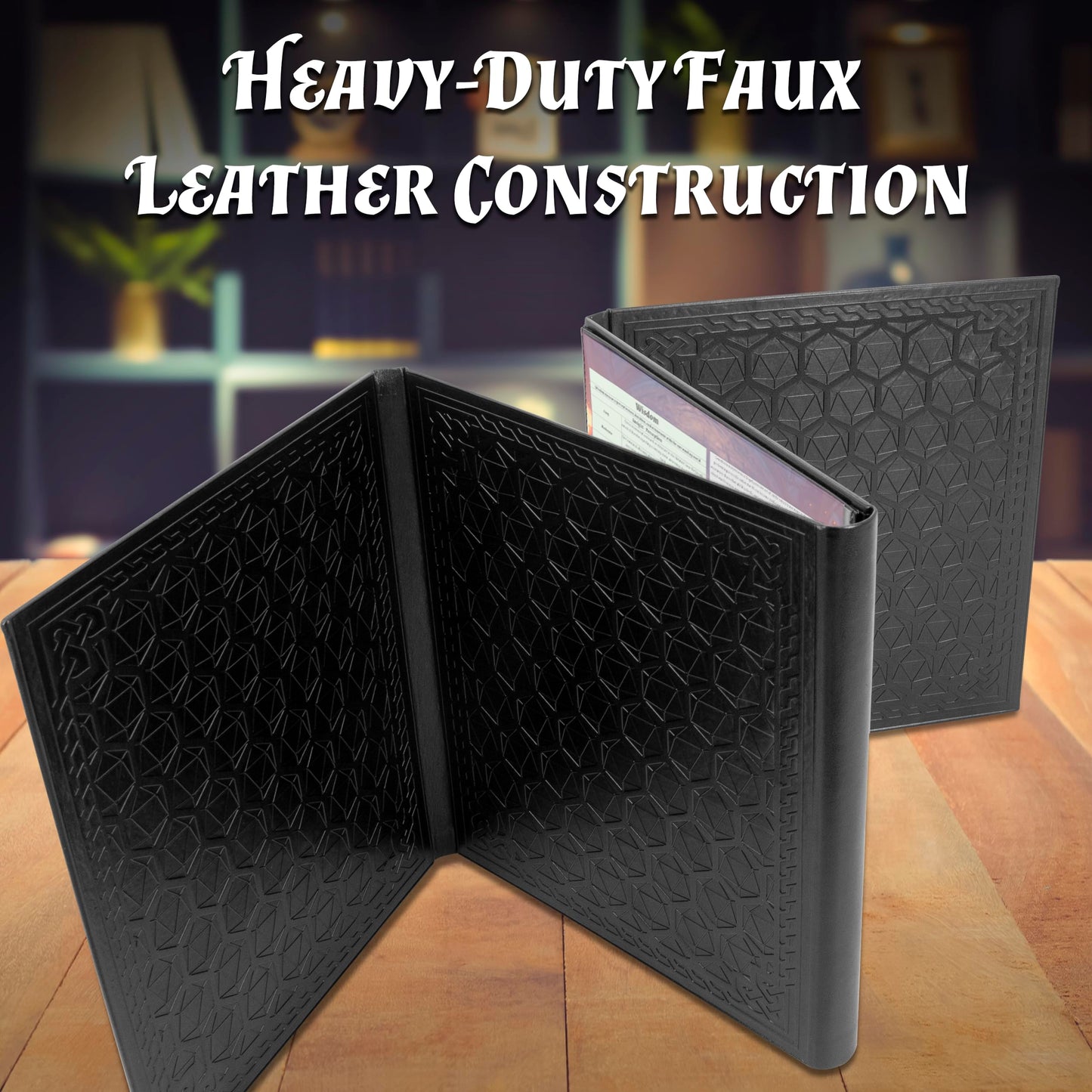 CASEMATIX DM Screen – Faux Leather Embossed Four-Panel Folding Dungeon Master Screen with Wet-Erase Pockets