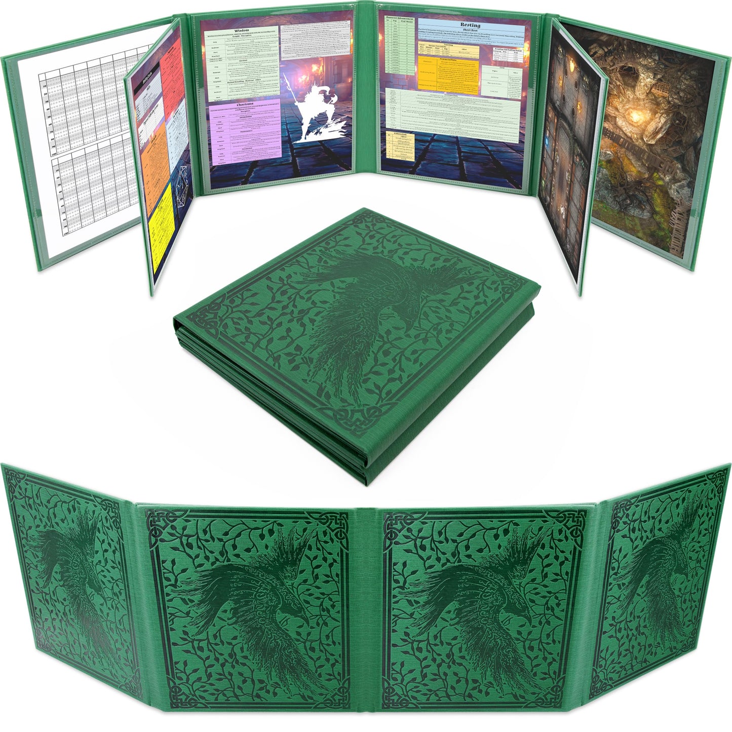 CASEMATIX DM Screen PU Leather 8-Panel Deluxe GM Screen — Green, Wet Erase Pockets