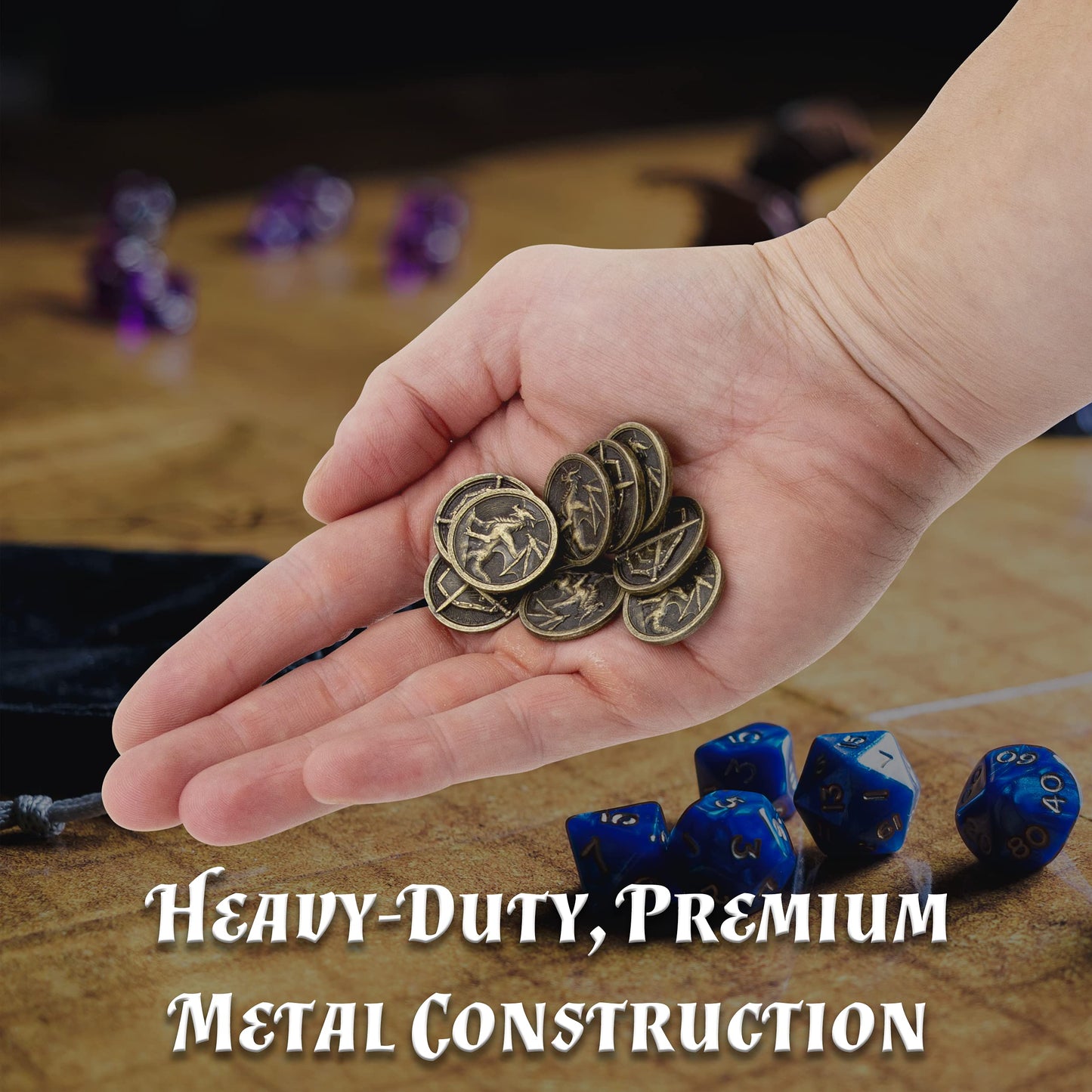 CASEMATIX 100 Metal Coins with PU Leather Pouch for RPGs – Dragon & Shield Engraving