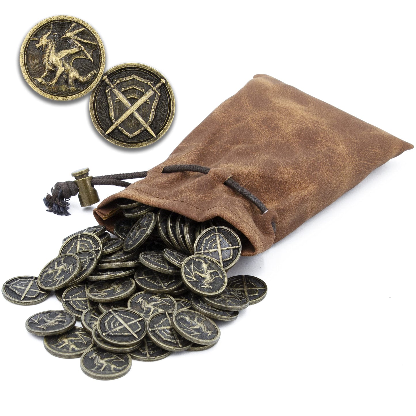 CASEMATIX 100 Metal Coins with PU Leather Pouch for RPGs – Dragon & Shield Engraving