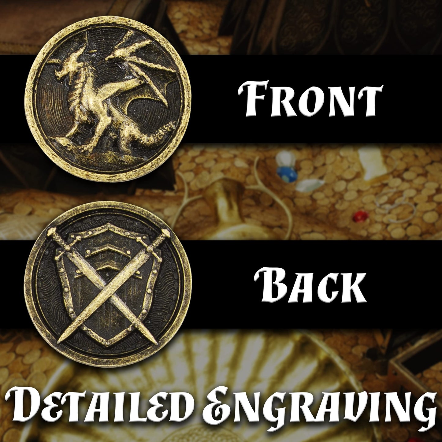 CASEMATIX 100 Metal Coins with PU Leather Pouch for RPGs – Dragon & Shield Engraving