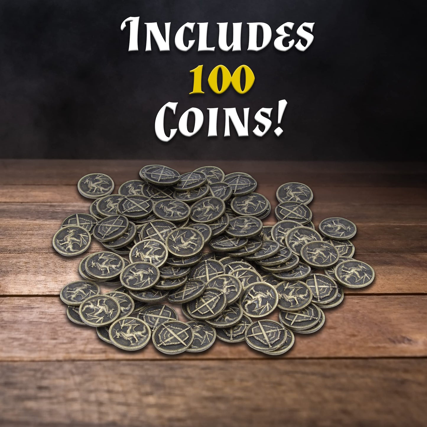 CASEMATIX 100 Metal Coins with PU Leather Pouch for RPGs – Dragon & Shield Engraving