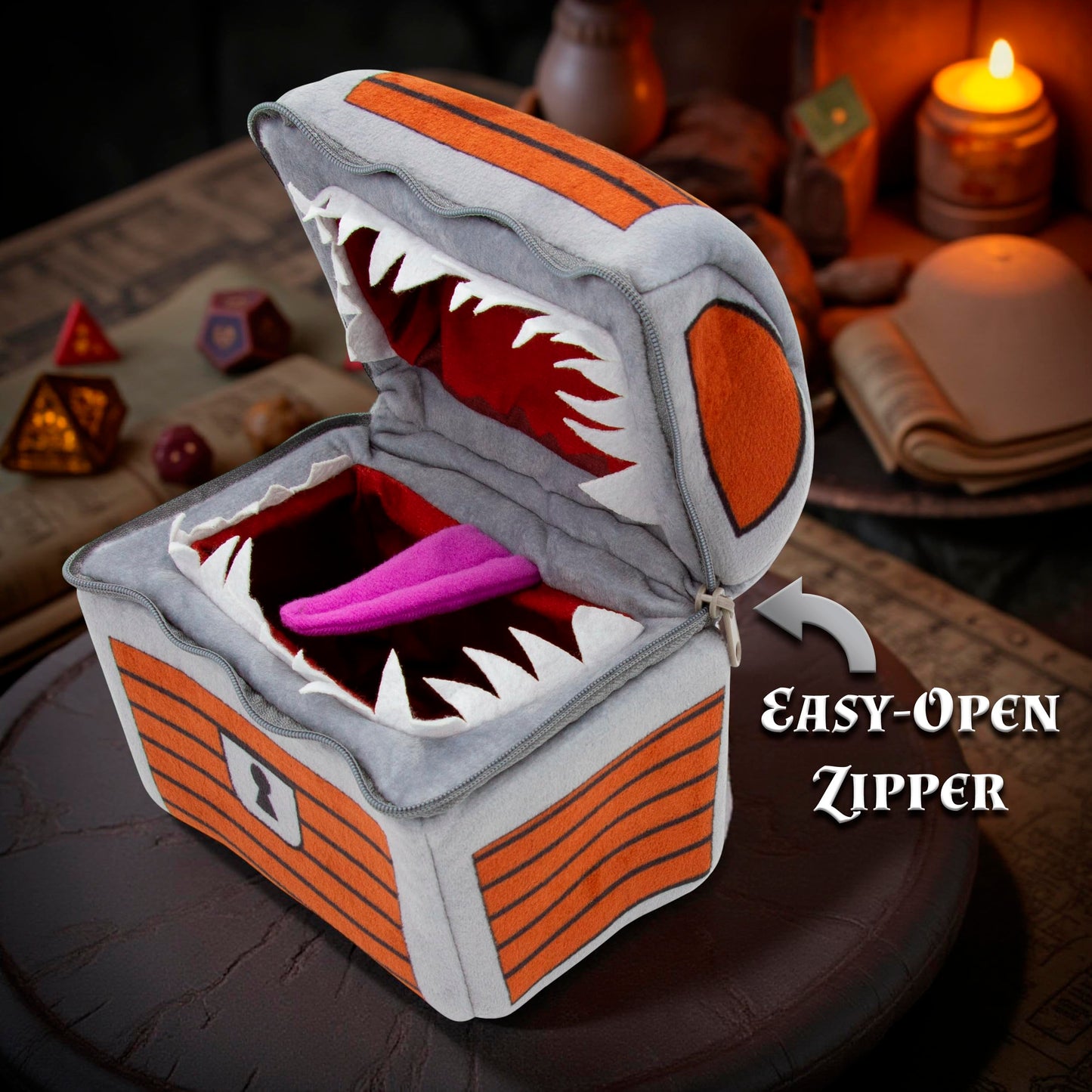 CASEMATIX Mimic Dice Chest – Plush 6.5" Dice Case with 7‑Piece RPG Dice Set