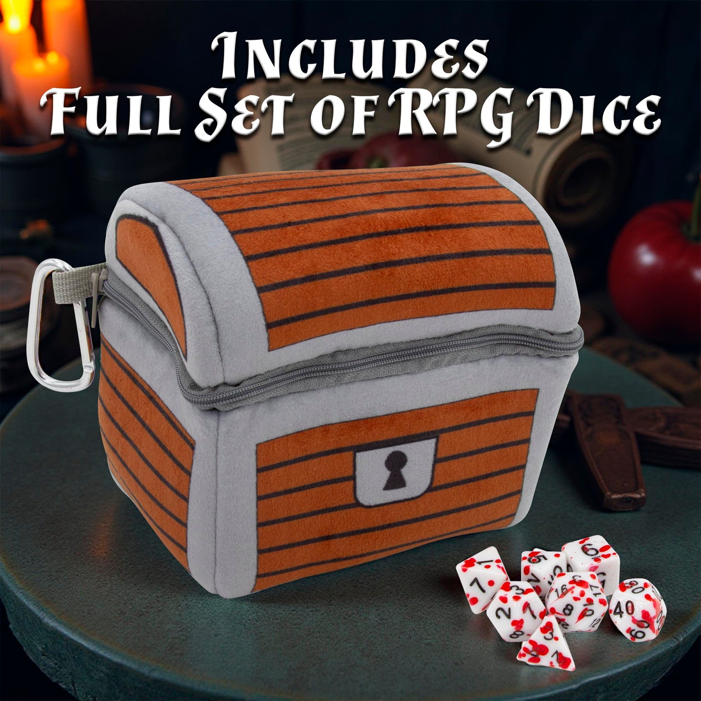 CASEMATIX Mimic Dice Chest – Plush 6.5" Dice Case with 7‑Piece RPG Dice Set