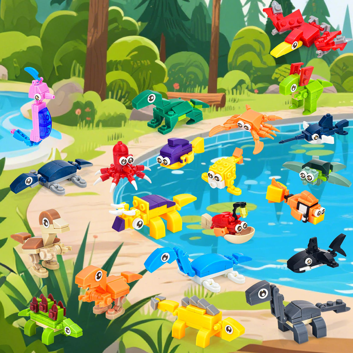 CASRRA 24 Packs Mini Building Blocks – Dinosaur & Sea Creature Themes