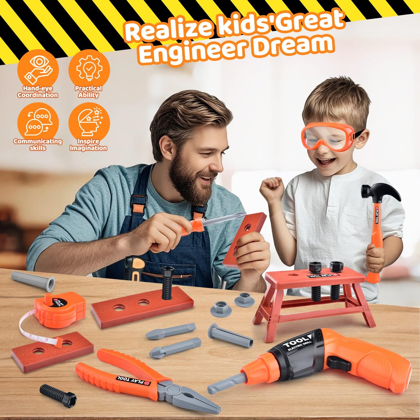 CASRRA Kids Tool Set | 33-Piece Toddler Tool Kit with 2-in-1 Drill, Belt & Safe ABS Tools (Ages 3–12)