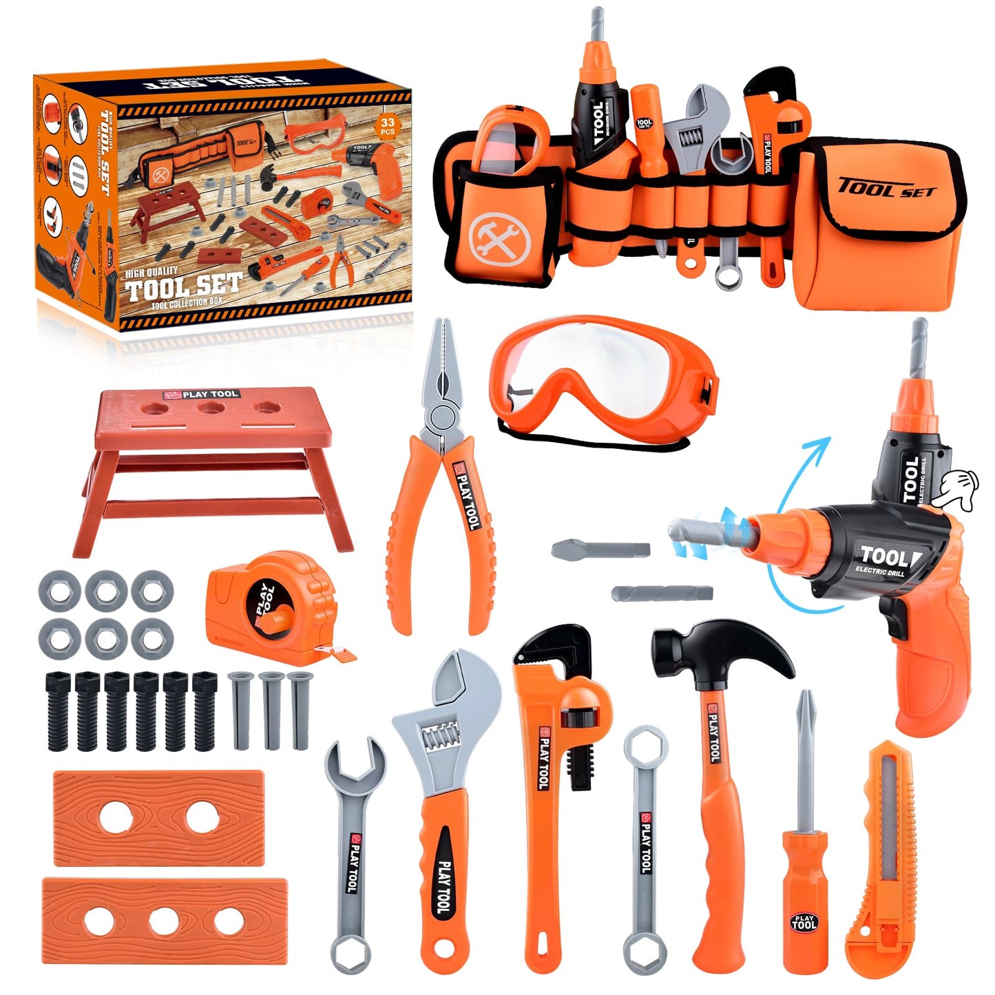 CASRRA Kids Tool Set | 33-Piece Toddler Tool Kit with 2-in-1 Drill, Belt & Safe ABS Tools (Ages 3–12)