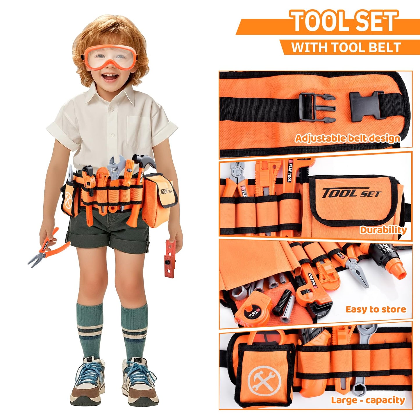 CASRRA Kids Tool Set | 33-Piece Toddler Tool Kit with 2-in-1 Drill, Belt & Safe ABS Tools (Ages 3–12)