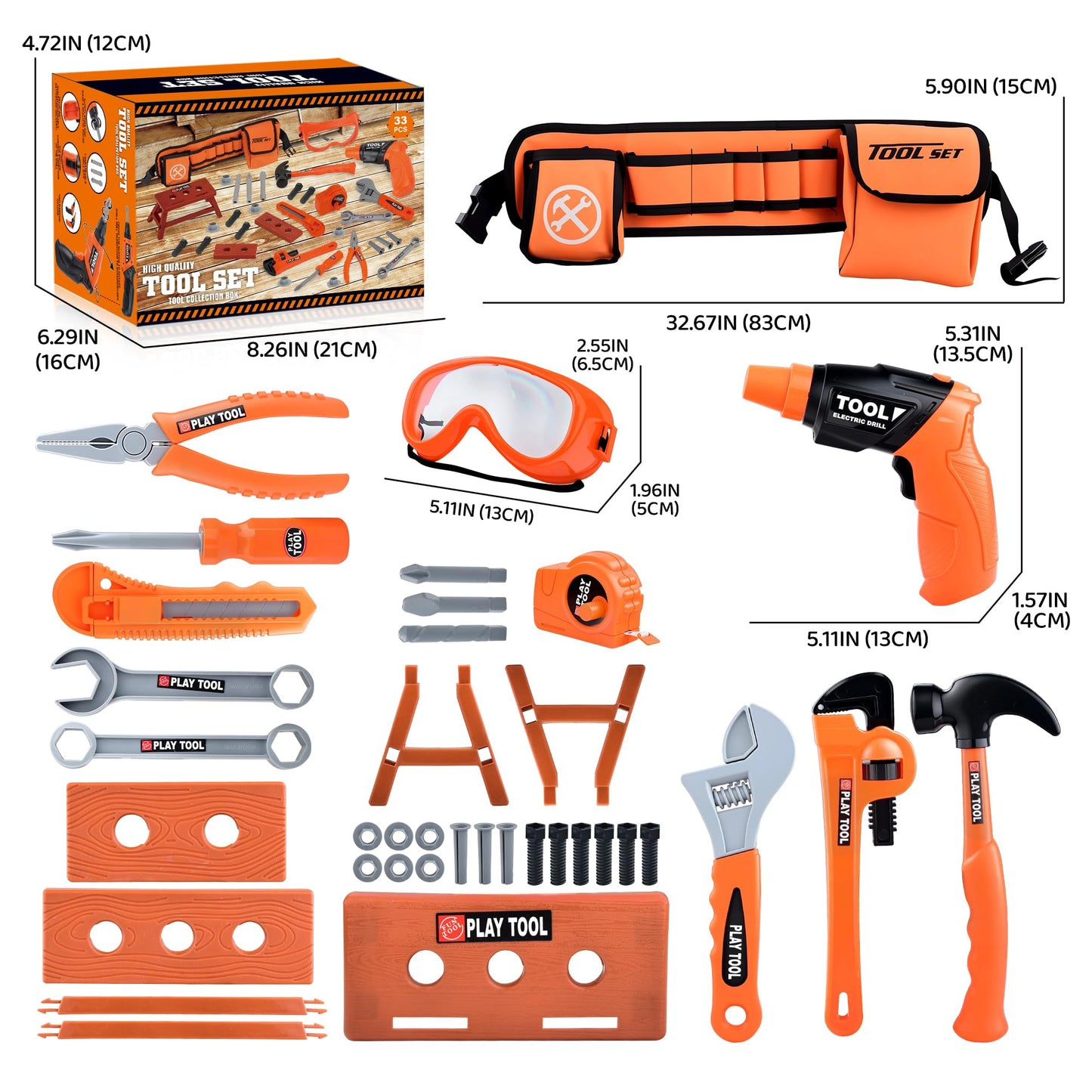 CASRRA Kids Tool Set | 33-Piece Toddler Tool Kit with 2-in-1 Drill, Belt & Safe ABS Tools (Ages 3–12)