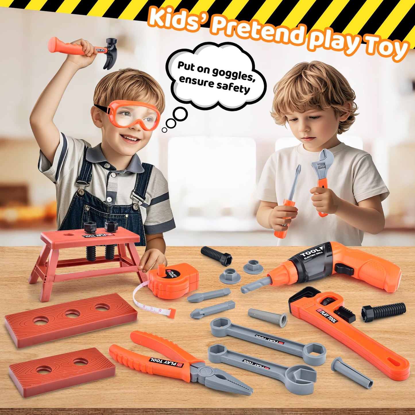 CASRRA Kids Tool Set | 33-Piece Toddler Tool Kit with 2-in-1 Drill, Belt & Safe ABS Tools (Ages 3–12)