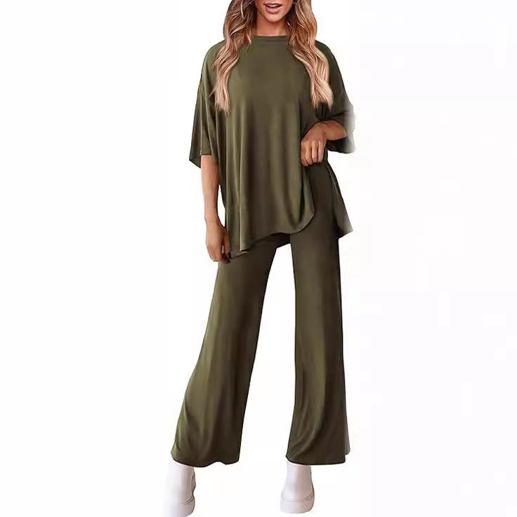 Casual Short-sleeved Pullover Top with Wide-leg Pants