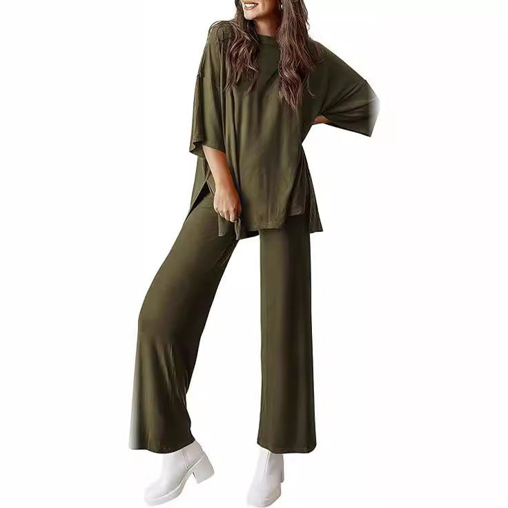 Casual Short-sleeved Pullover Top with Wide-leg Pants