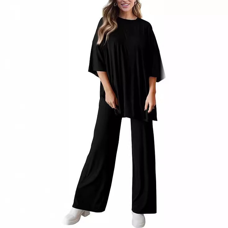Casual Short-sleeved Pullover Top with Wide-leg Pants