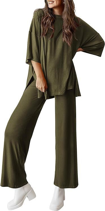 Casual Short-sleeved Pullover Top with Wide-leg Pants