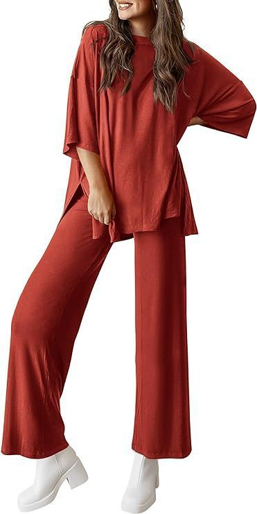 Casual Short-sleeved Pullover Top with Wide-leg Pants
