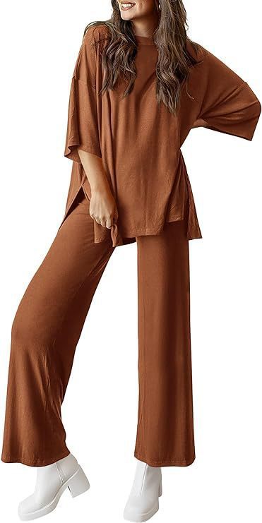 Casual Short-sleeved Pullover Top with Wide-leg Pants