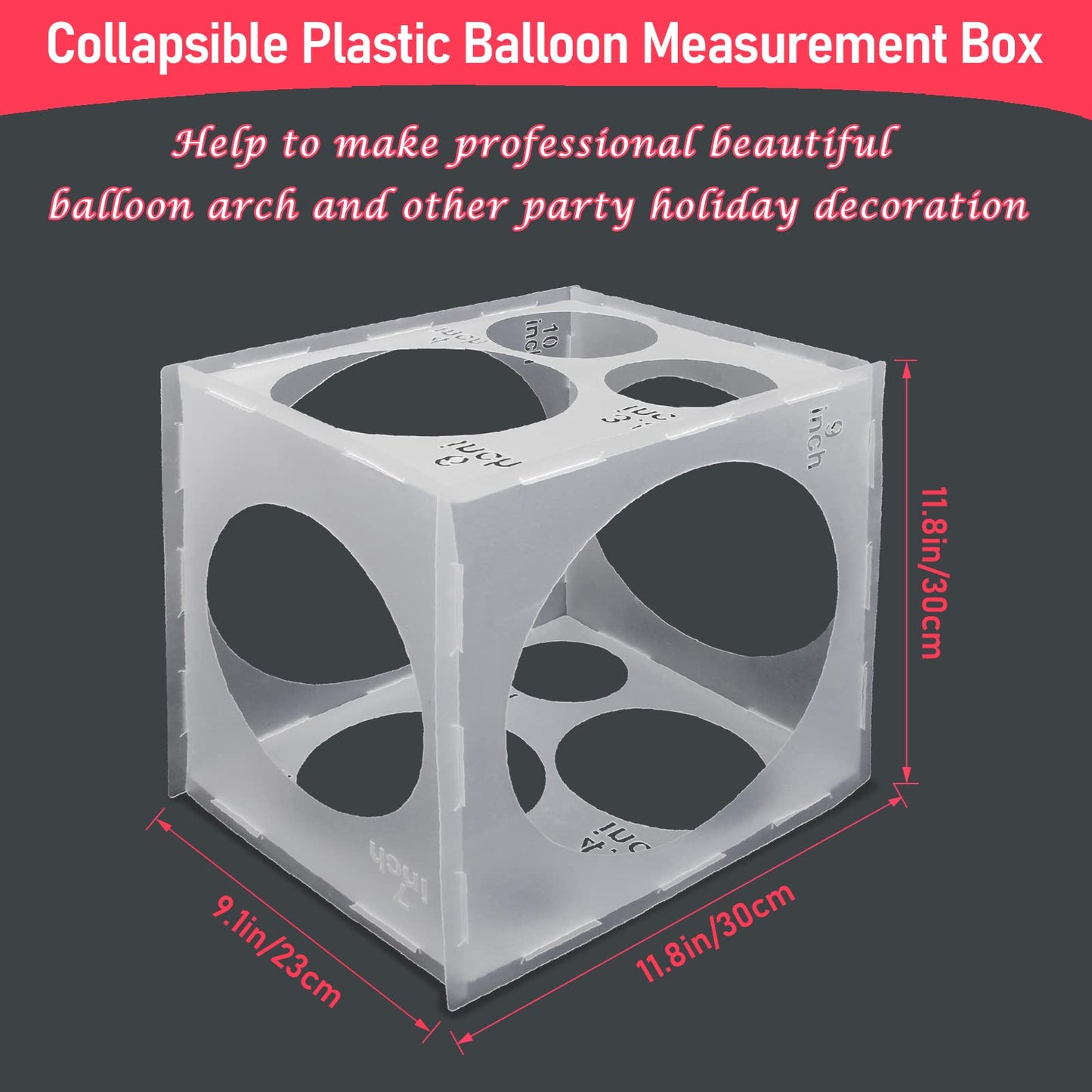 Catcan 11-Hole Balloon Sizer Cube Box – Collapsible 12x12x12 Inch Balloon Size Measurement Tool for Arches & Columns