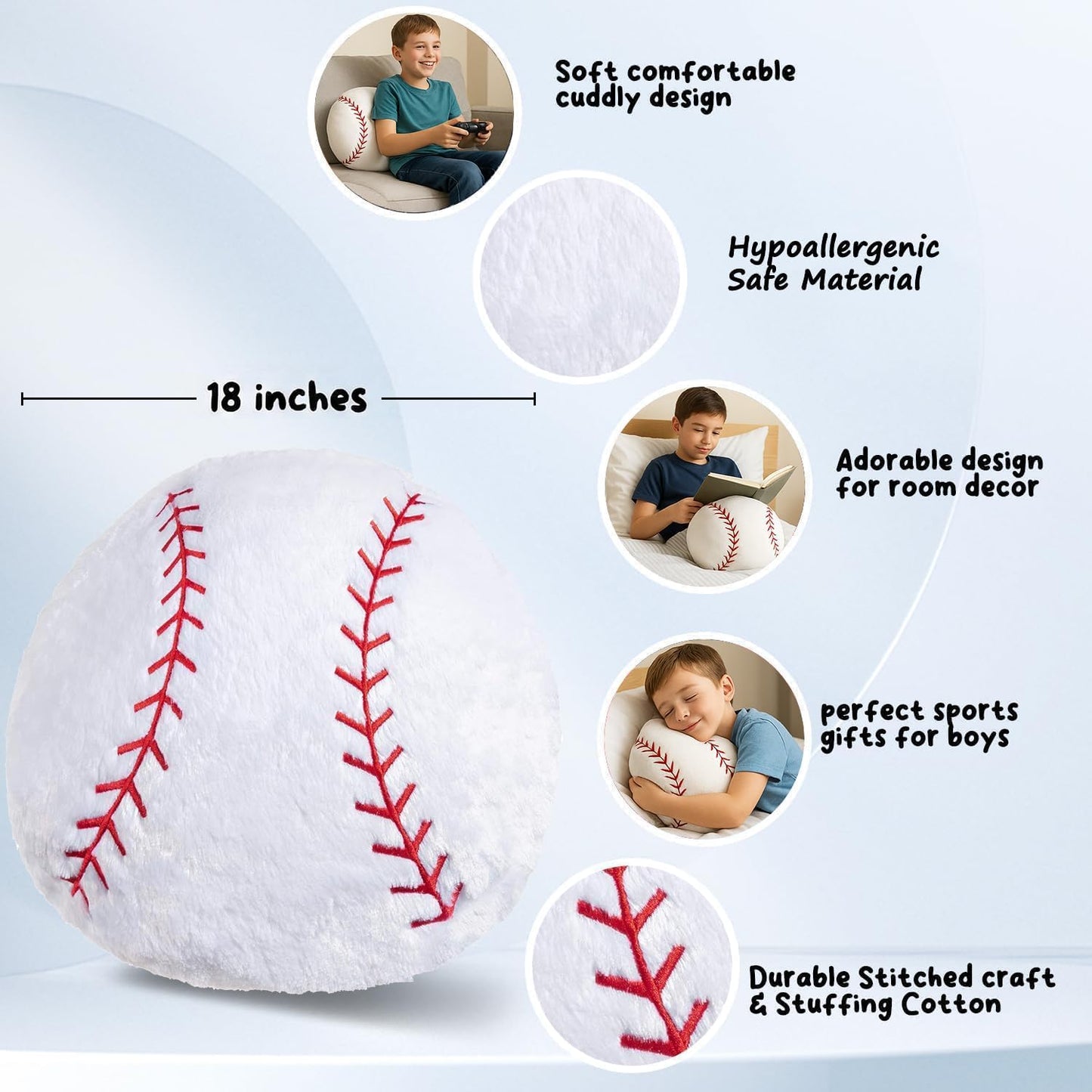CatchStar Baseball Pillow Plush for Boys – 18-Inch Removable Cover, Washable, Safe Durable Throw Toy Gift