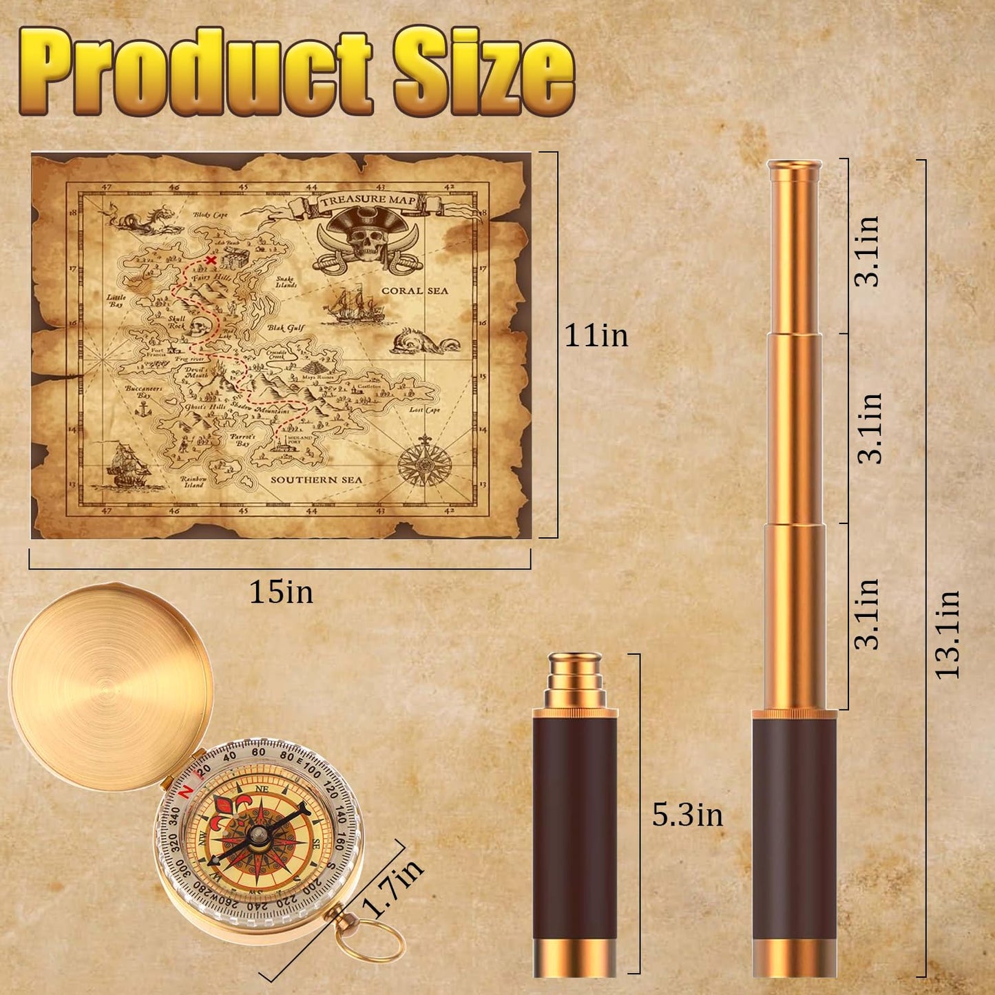 CatemRC Pirate Telescope with Treasure Map & Pocket Compass – 25x30 Collapsible Monocular