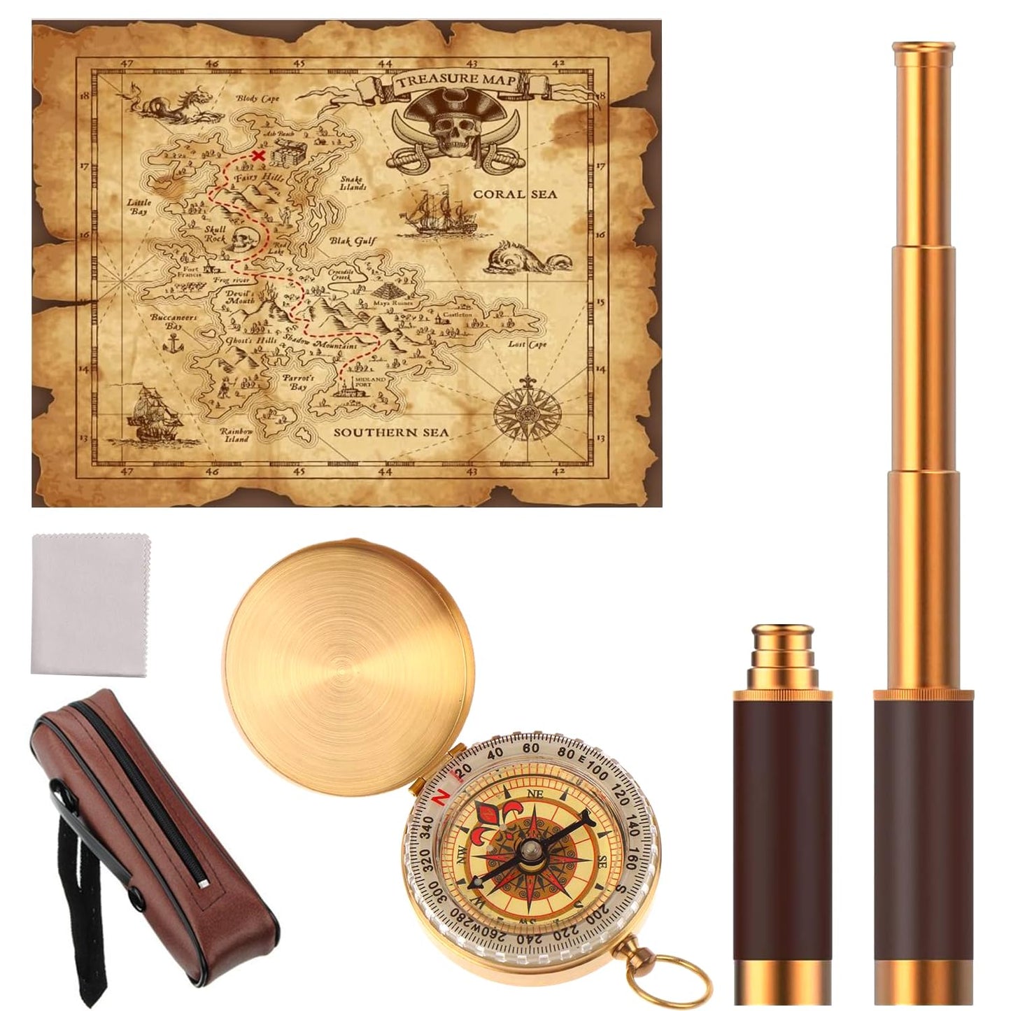 CatemRC Pirate Telescope with Treasure Map & Pocket Compass – 25x30 Collapsible Monocular