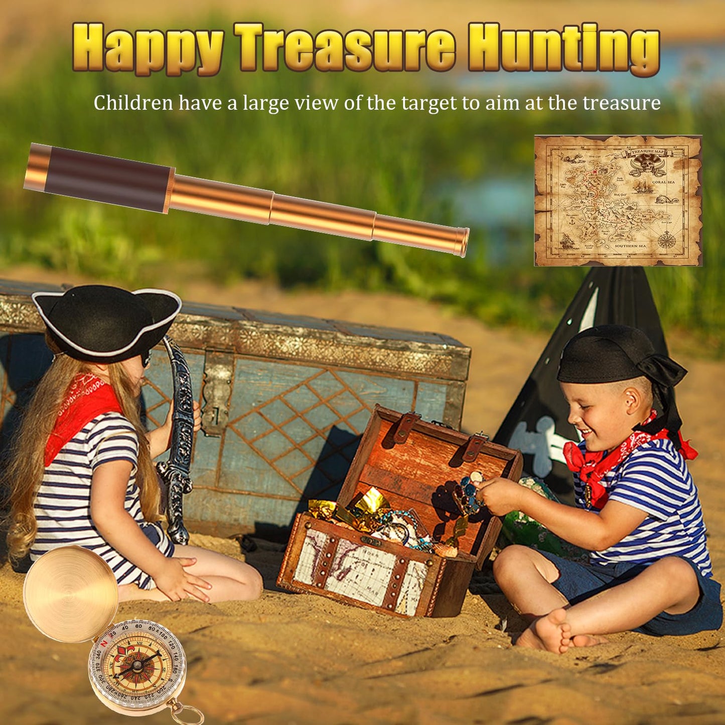CatemRC Pirate Telescope with Treasure Map & Pocket Compass – 25x30 Collapsible Monocular